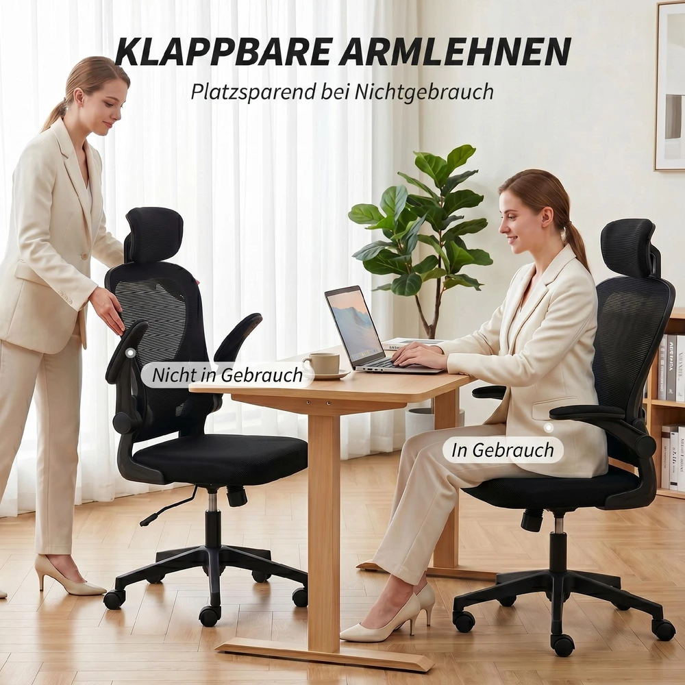 Biuro kėdė HOMCOM, ergonomiška darbo kėdė su atlenkiamais porankiais ir reguliuojama juosmens atrama, juoda