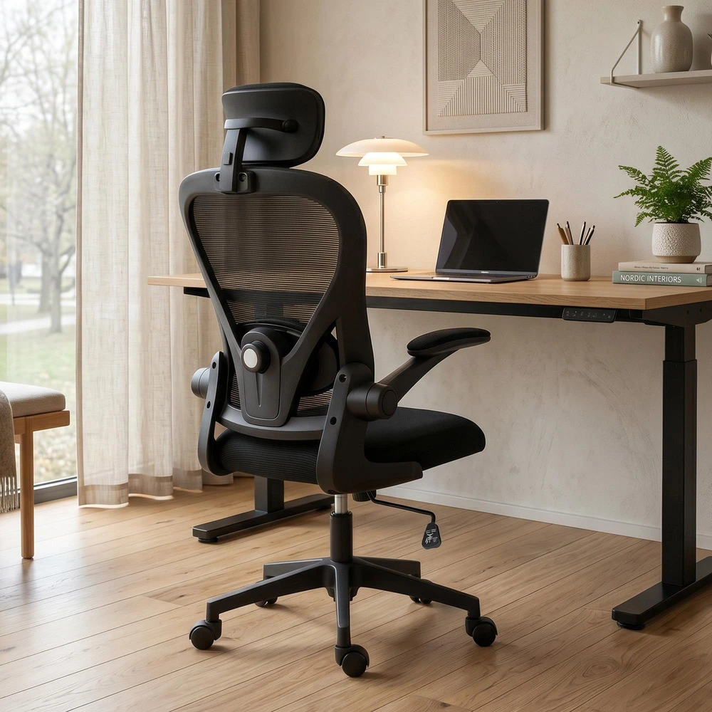 Biuro kėdė HOMCOM, ergonomiška darbo kėdė su atlenkiamais porankiais ir reguliuojama juosmens atrama, juoda