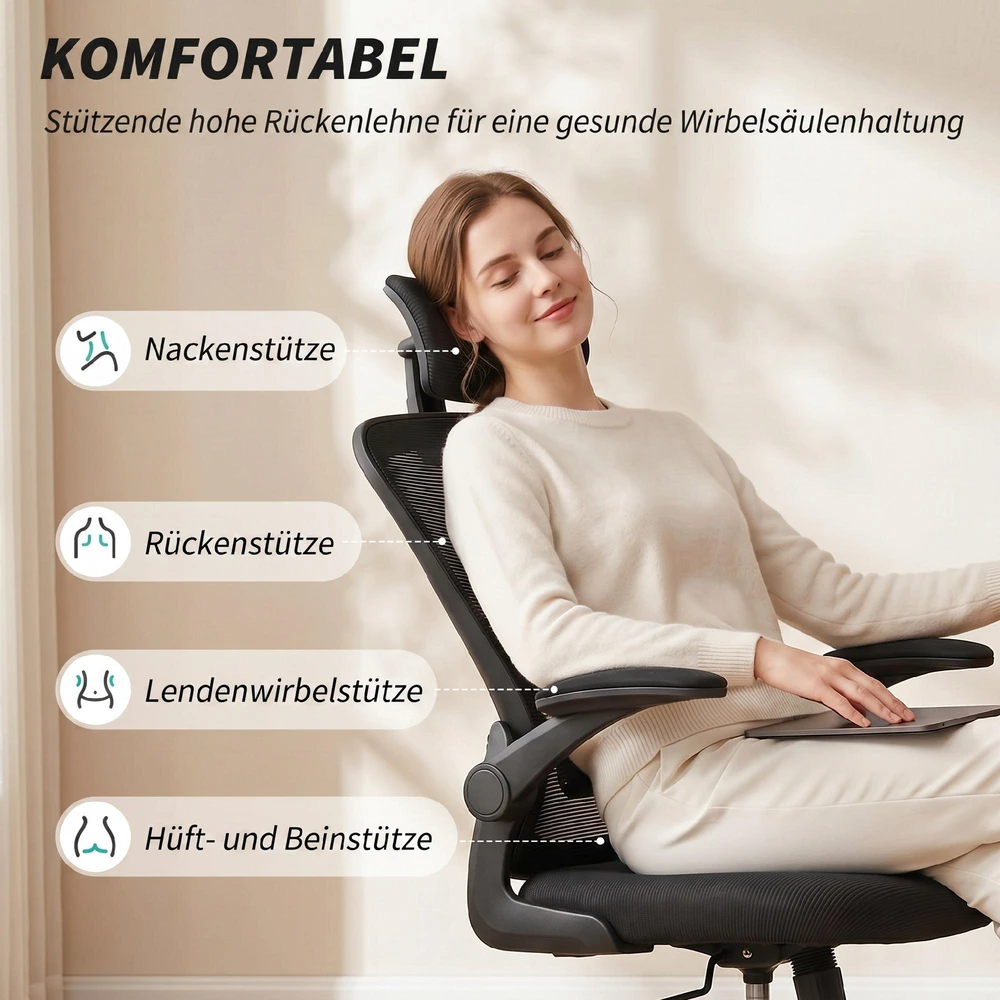 Biuro kėdė HOMCOM, ergonomiška darbo kėdė su atlenkiamais porankiais ir reguliuojama juosmens atrama, juoda