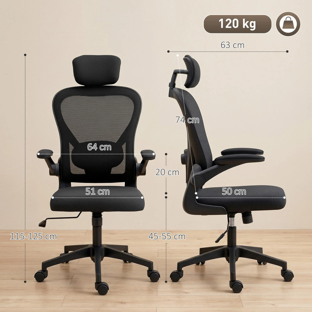 Biuro kėdė HOMCOM, ergonomiška darbo kėdė su atlenkiamais porankiais ir reguliuojama juosmens atrama, juoda