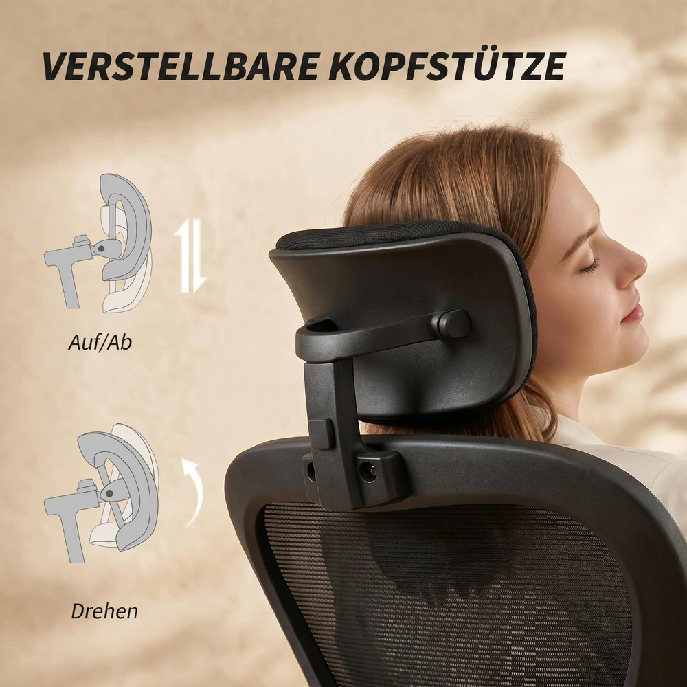 Biuro kėdė HOMCOM, ergonomiška darbo kėdė su atlenkiamais porankiais ir reguliuojama juosmens atrama, juoda