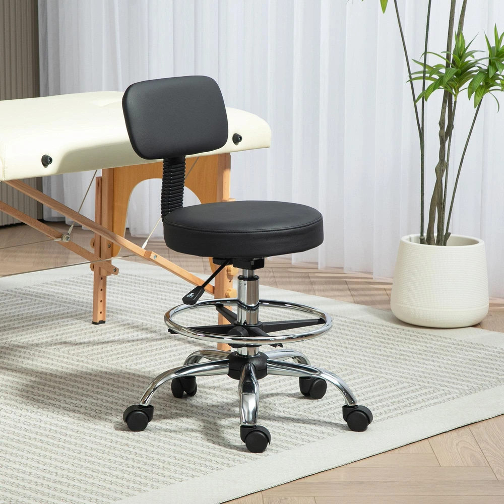 Biuro kėdė HOMCOM, ergonomiška piešimo kėdė, reguliuojamo aukščio kompiuterio kėdė su kojų atrama, rašomojo stalo kėdė, sukama kėdė svetainei, biurui, dirbtinė oda, juoda