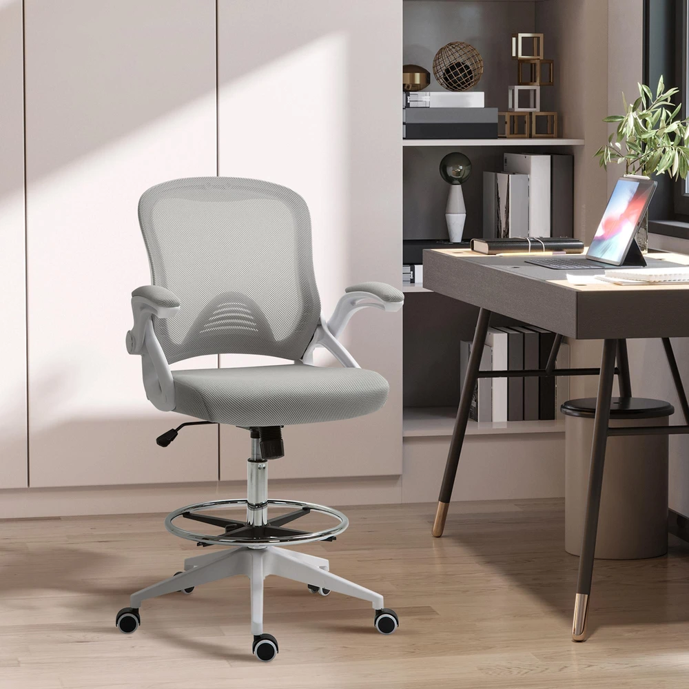 Biuro kėdė Vinsetto, ergonomiška darbo kėdė su atlenkiamais porankiais ir reguliuojamu pėdų žiedu, reguliuojamo aukščio besisukanti kėdė su supimosi funkcija, tinklelio apmušalas, šviesiai pilka