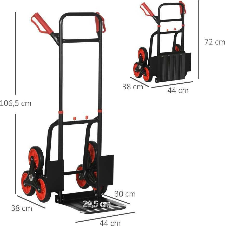 DURHAND laiptų vežimėlis, 150 kg, transportavimo vežimėlis, reguliuojamo aukščio rankena, sulankstomas, plieno, 45 x 60 x 109 cm