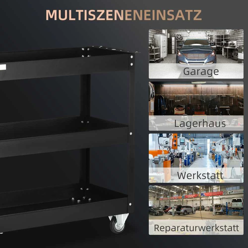 DURHAND plieno dirbtuvių vežimėlis su 3 lentynomis, ratukais ir rankena – maks. apkrova 150 kg – 83 x 35,3 x 76 cm, juodas