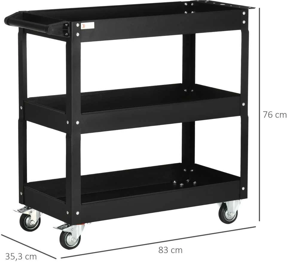 DURHAND plieno dirbtuvių vežimėlis su 3 lentynomis, ratukais ir rankena – maks. apkrova 150 kg – 83 x 35,3 x 76 cm, juodas