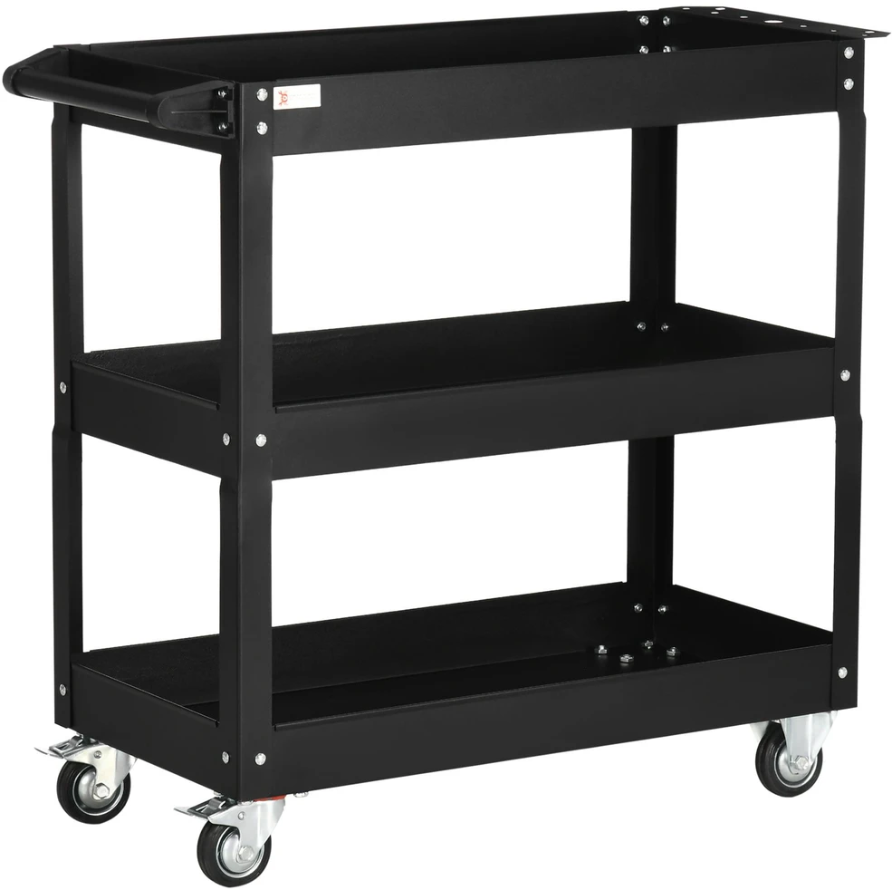 DURHAND plieno dirbtuvių vežimėlis su 3 lentynomis, ratukais ir rankena – maks. apkrova 150 kg – 83 x 35,3 x 76 cm, juodas