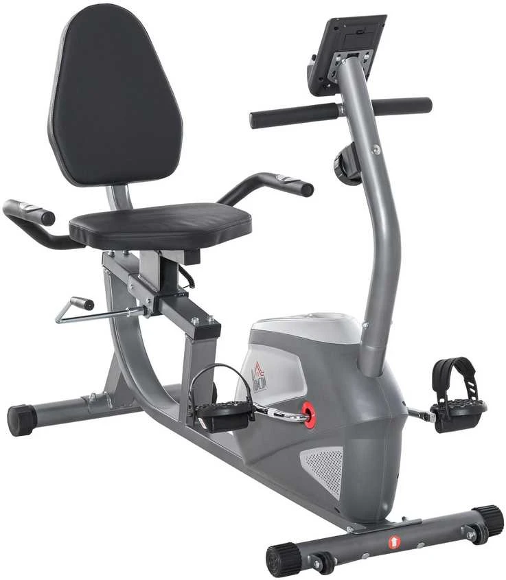 HOMCOM horizontalus dviratis treniruoklis su LCD ekranu, 8 lygių reguliuojamu magnetiniu pasipriešinimu, naudotojo svoris iki 110 kg, metalas, ABS, 136x62,5x38 cm