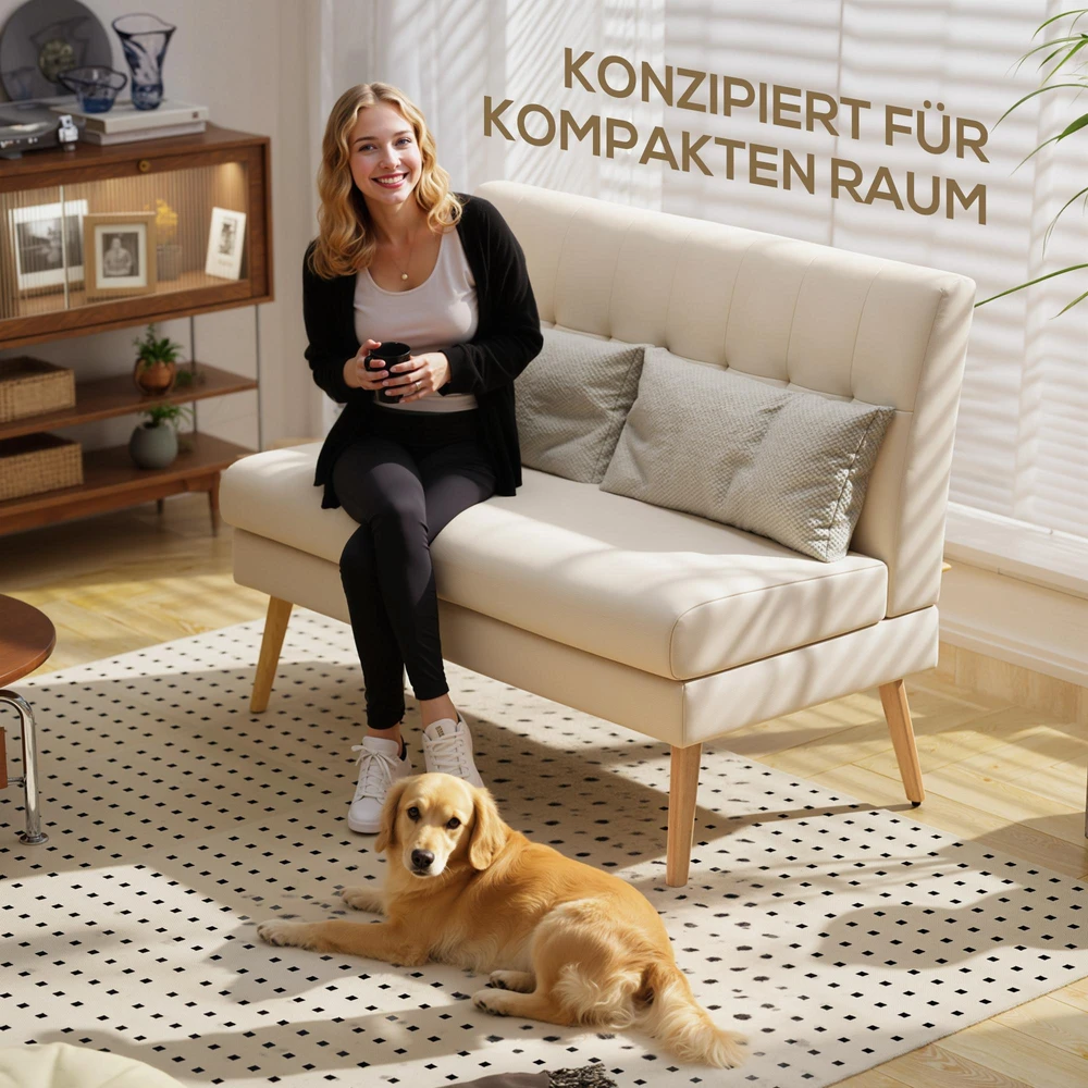 2 vietų sofa, dygsniuotas atlošas, medinės kojelės, storas paminkštinimas, lino išvaizda, mažiems kambariams, smėlio spalvos