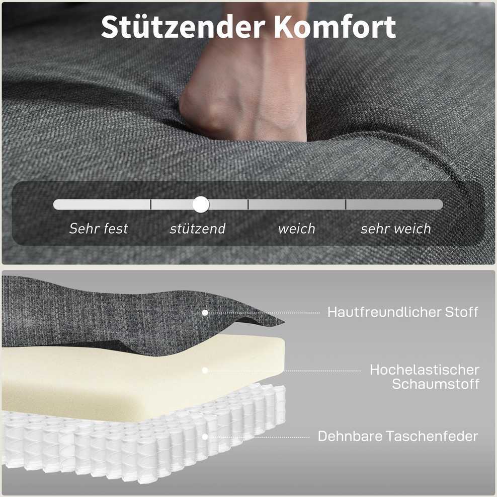 Dvivietė sofa, dygsniuotas atlošas, medinės kojelės, stambus polsteris, lininio audinio imitacija, tamsiai pilka