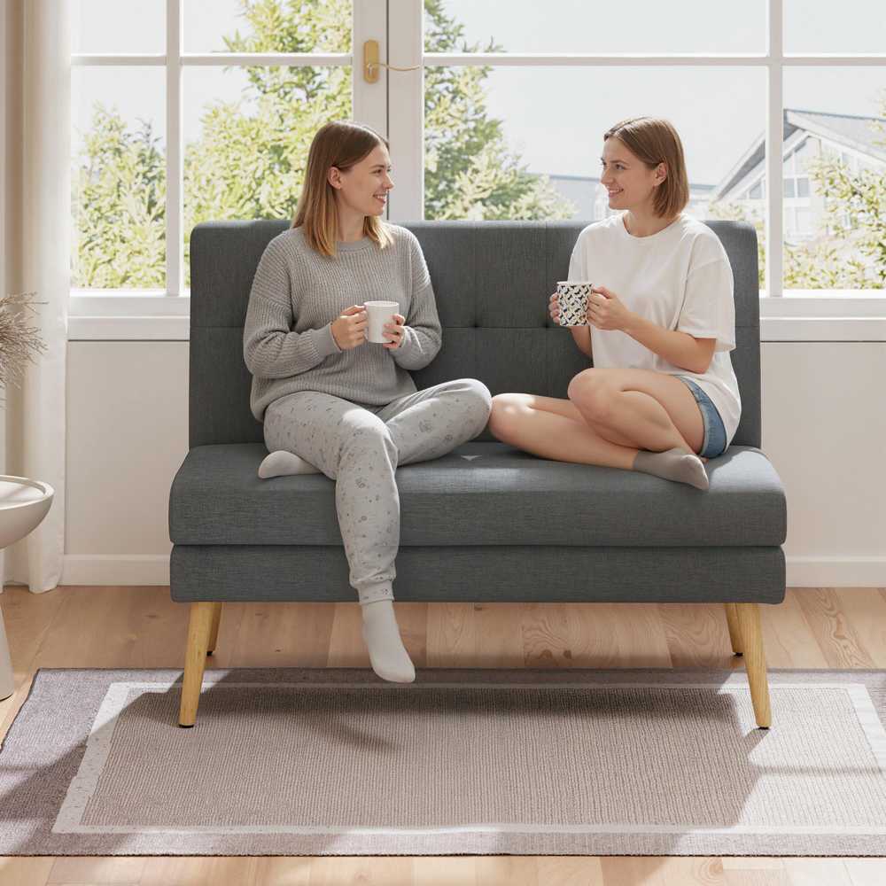 Dvivietė sofa, dygsniuotas atlošas, medinės kojelės, stambus polsteris, lininio audinio imitacija, tamsiai pilka