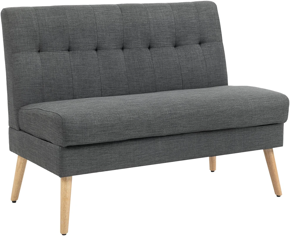 Dvivietė sofa, dygsniuotas atlošas, medinės kojelės, stambus polsteris, lininio audinio imitacija, tamsiai pilka