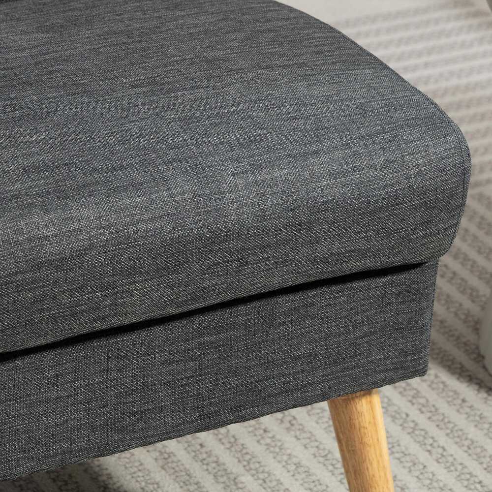 Dvivietė sofa, dygsniuotas atlošas, medinės kojelės, stambus polsteris, lininio audinio imitacija, tamsiai pilka