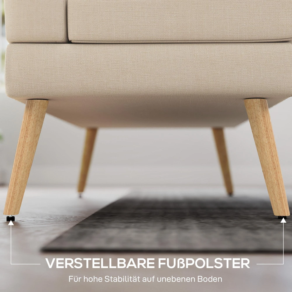 2 vietų sofa, dygsniuotas atlošas, medinės kojelės, storas paminkštinimas, lino išvaizda, mažiems kambariams, smėlio spalvos