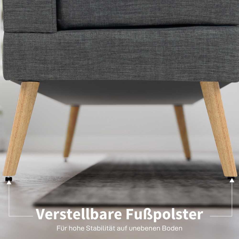 Dvivietė sofa, dygsniuotas atlošas, medinės kojelės, stambus polsteris, lininio audinio imitacija, tamsiai pilka