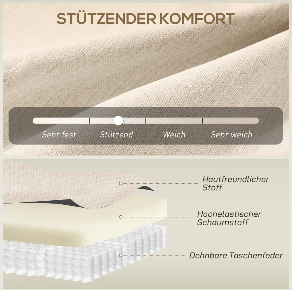 2 vietų sofa, dygsniuotas atlošas, medinės kojelės, storas paminkštinimas, lino išvaizda, mažiems kambariams, smėlio spalvos