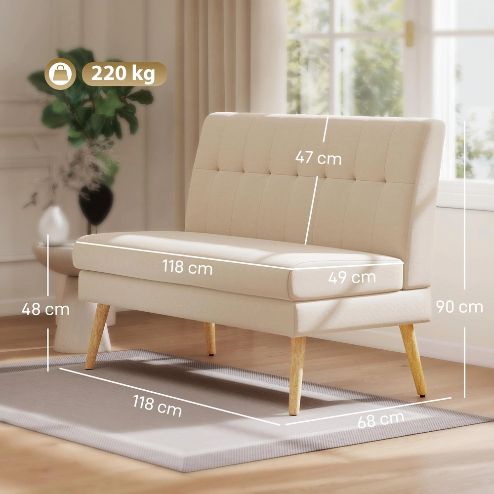 2 vietų sofa, dygsniuotas atlošas, medinės kojelės, storas paminkštinimas, lino išvaizda, mažiems kambariams, smėlio spalvos
