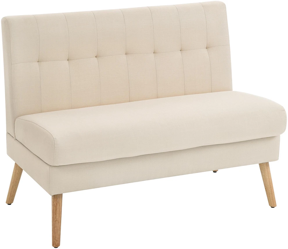 2 vietų sofa, dygsniuotas atlošas, medinės kojelės, storas paminkštinimas, lino išvaizda, mažiems kambariams, smėlio spalvos