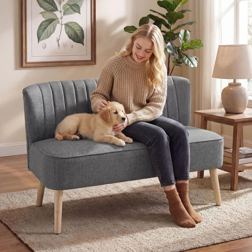 Dvivietė sofa, minkšta sofa lino išvaizdos, medinis rėmas, svetainei ir miegamajam, 117 cm, pilka