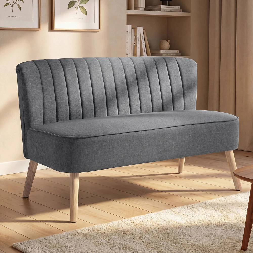 Dvivietė sofa, minkšta sofa lino išvaizdos, medinis rėmas, svetainei ir miegamajam, 117 cm, pilka