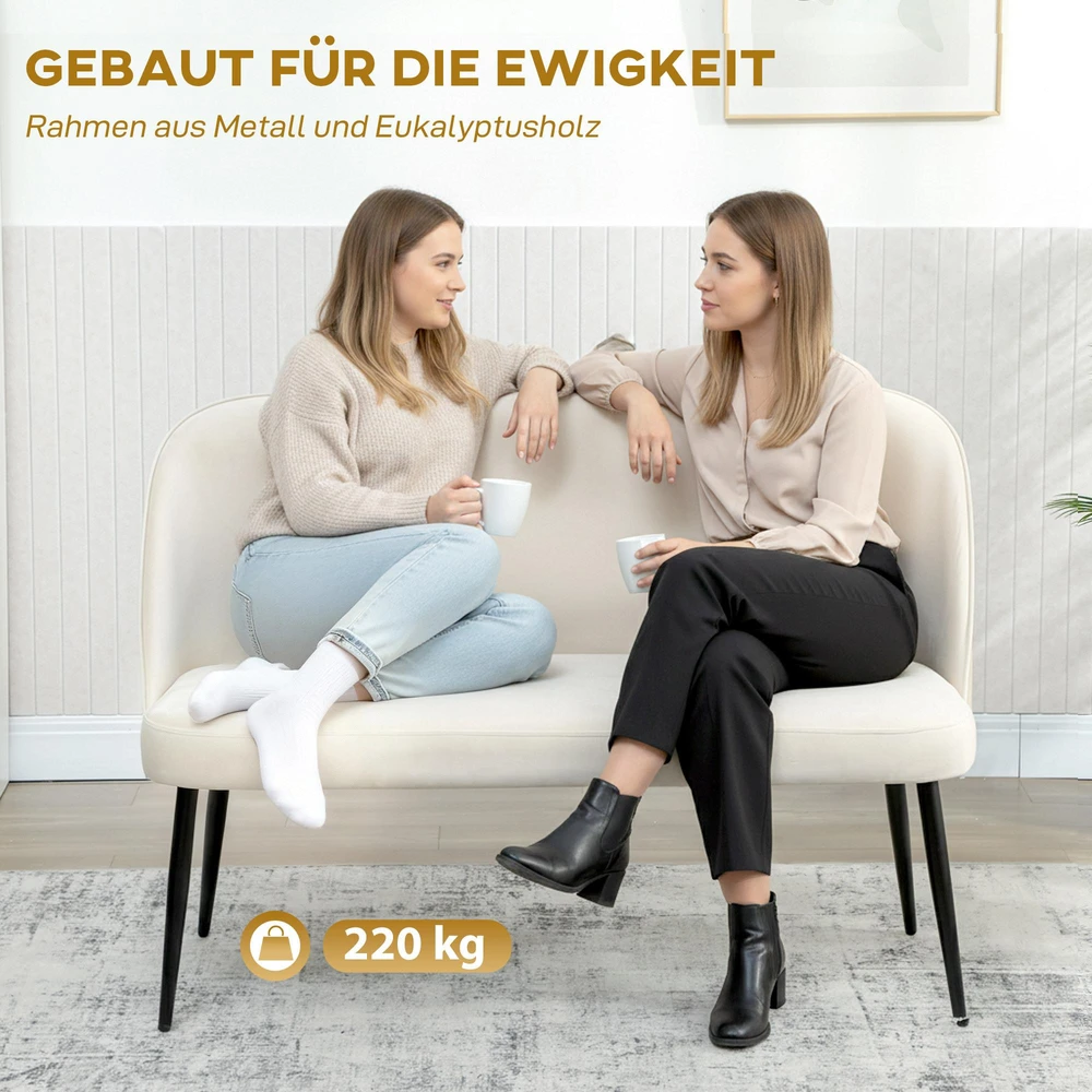 Dvivietė sofa, moderni minkšta sofa su metaliniu ir mediniu rėmu, aksominio audinio apmušalai, smėlio spalvos