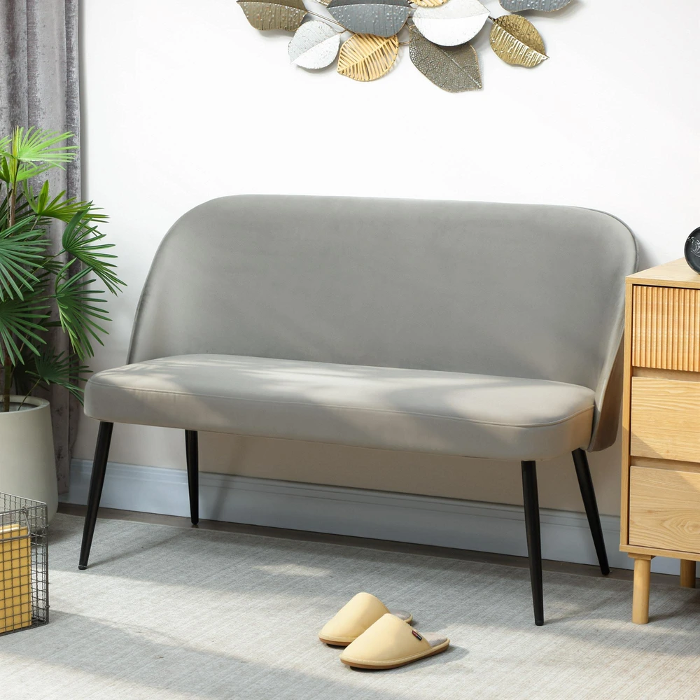 Dvivietė sofa, moderni minkšta sofa su metaliniu ir mediniu rėmu, aksominio audinio apmušalas, pilka