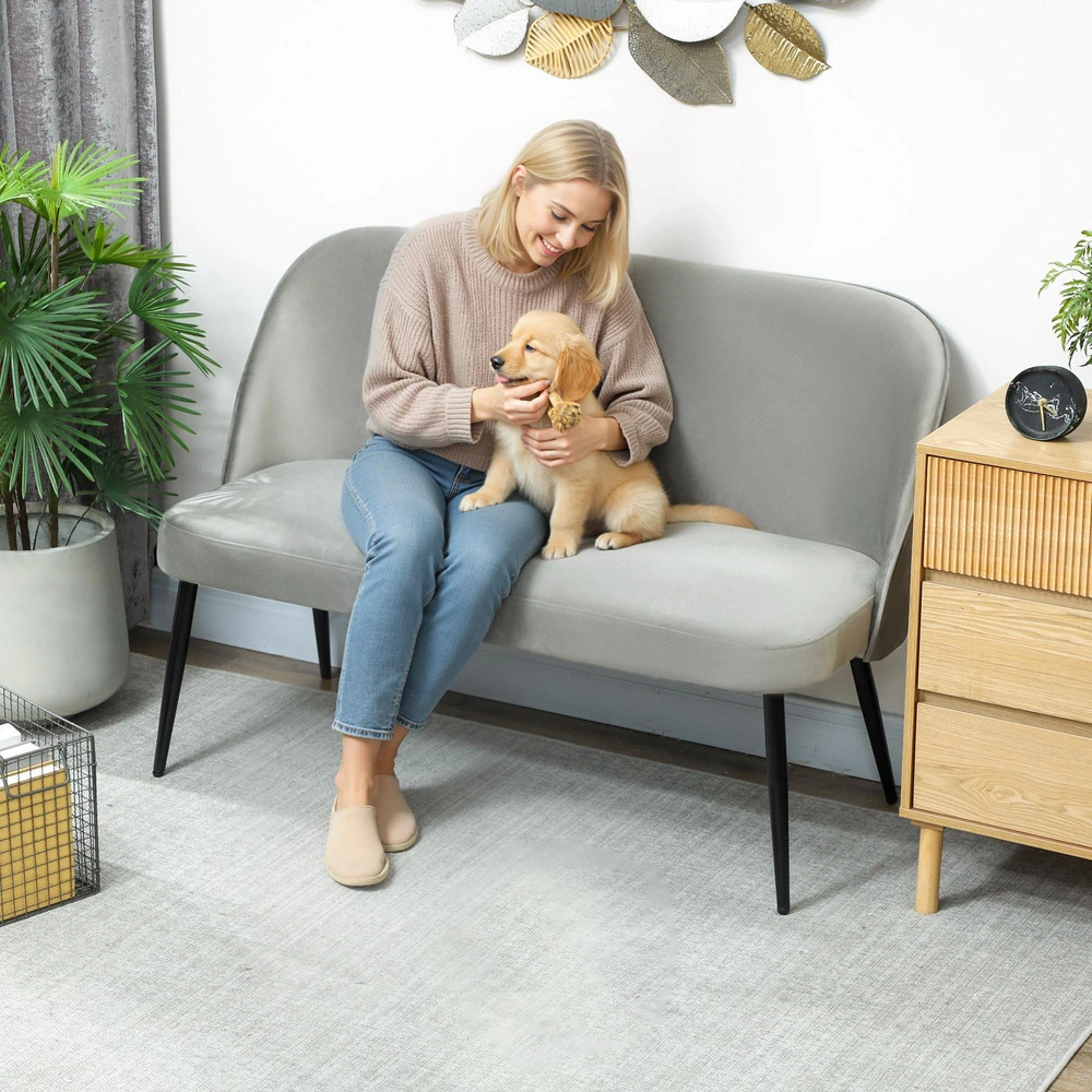 Dvivietė sofa, moderni minkšta sofa su metaliniu ir mediniu rėmu, aksominio audinio apmušalas, pilka