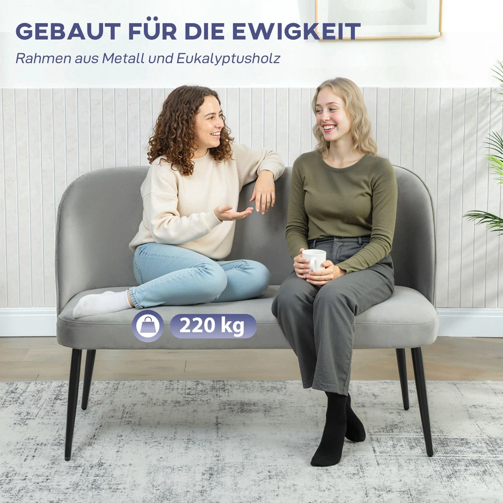 Dvivietė sofa, moderni minkšta sofa su metaliniu ir mediniu rėmu, aksominio audinio apmušalas, pilka