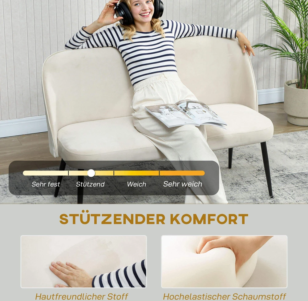 Dvivietė sofa, moderni minkšta sofa su metaliniu ir mediniu rėmu, aksominio audinio apmušalai, smėlio spalvos