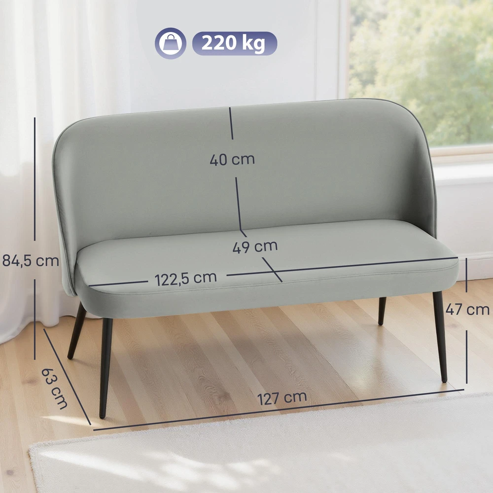 Dvivietė sofa, moderni minkšta sofa su metaliniu ir mediniu rėmu, aksominio audinio apmušalas, pilka