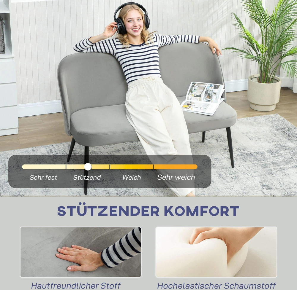Dvivietė sofa, moderni minkšta sofa su metaliniu ir mediniu rėmu, aksominio audinio apmušalas, pilka