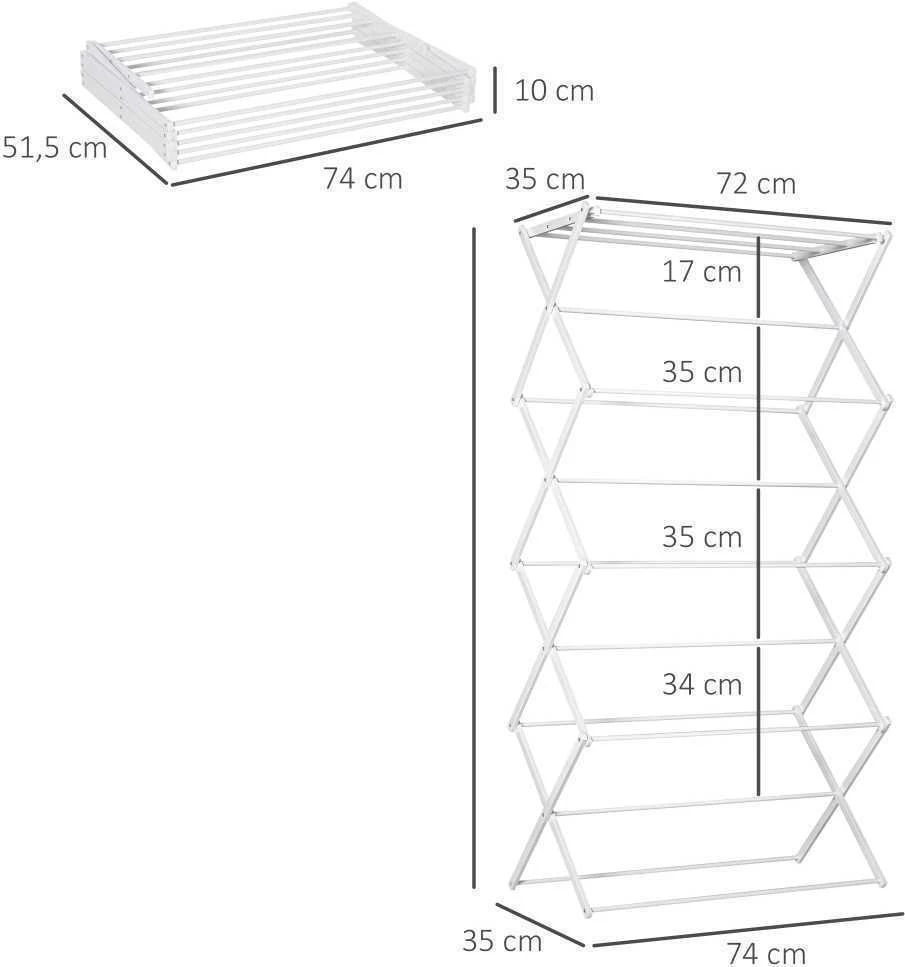 HOMCOM sulankstoma skalbinių džiovyklė, 8 pakopų bokštinė džiovyklė, metalas, plastikas, balta, 74x35x144 cm