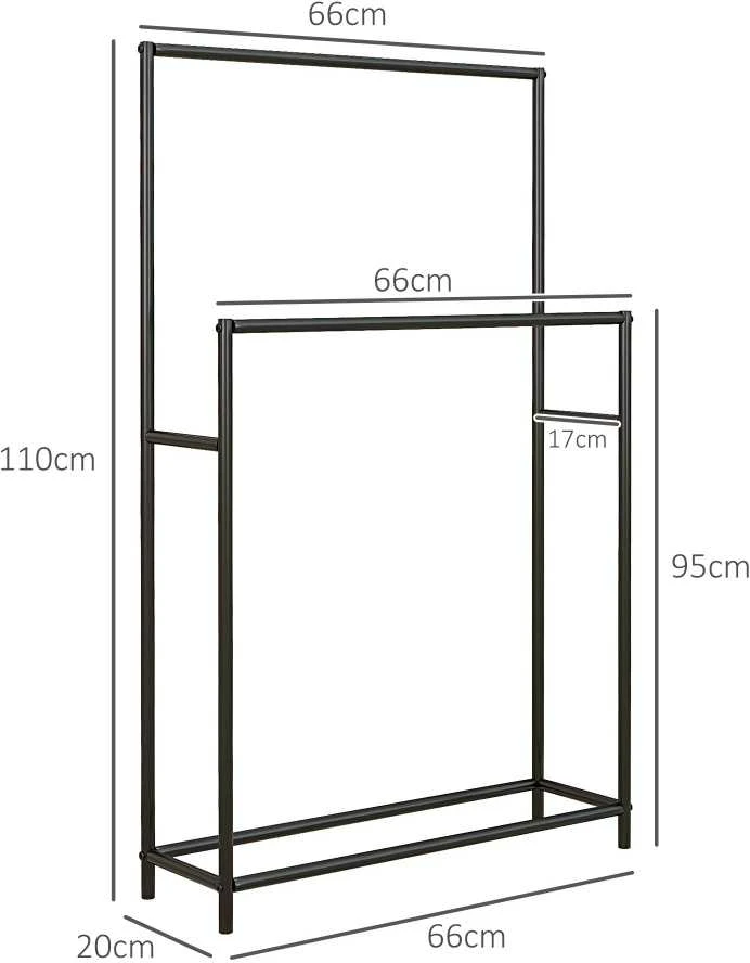 HOMCOM rankšluosčių laikiklis, pastatoma rankšluosčių kabykla su 2 skersiniais, vonios rankšluosčių laikiklis, metalinis, 66 x 20 x 110 cm, juodas | Aosom