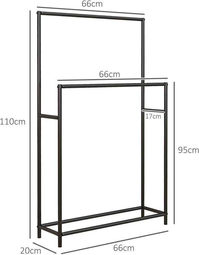HOMCOM rankšluosčių laikiklis, pastatoma rankšluosčių kabykla su 2 skersiniais, vonios rankšluosčių laikiklis, metalinis, 66 x 20 x 110 cm, juodas | Aosom