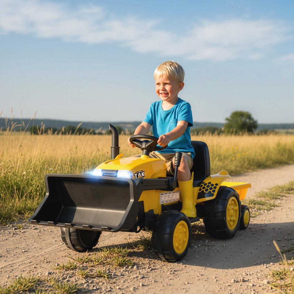 Elektrinė važiuojama statybinė transporto priemonė, žaislinis ekskavatorius su priekaba, vaikams nuo 3 iki 8 metų, plastikas, plienas, geltonas