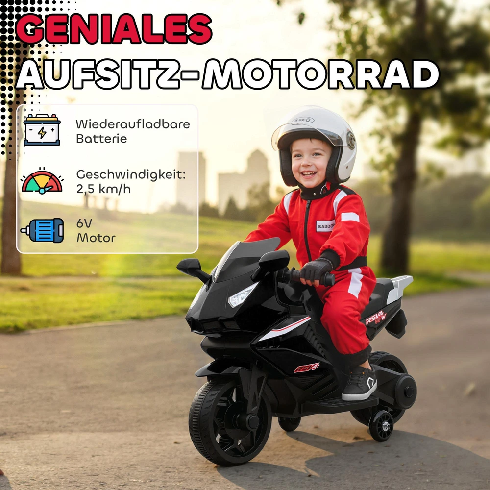 Elektrinis motociklas vaikams, garso signalas, priekiniai žibintai, muzikos funkcija, 2,5 km/val., juodas