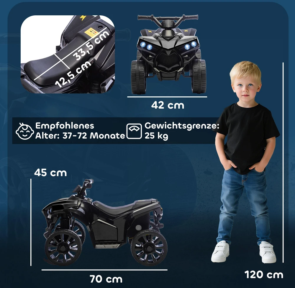 AIYAPLAY vaikiškas elektrinis keturratis 6V, su važiavimo į priekį ir atbuline eiga funkcija, muzika, LED žibintais, juodas