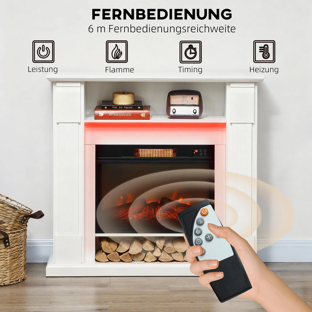 Elektrinis židinys su 3D LED liepsnomis, 1800 W, baltas, 105 × 27 × 97 cm