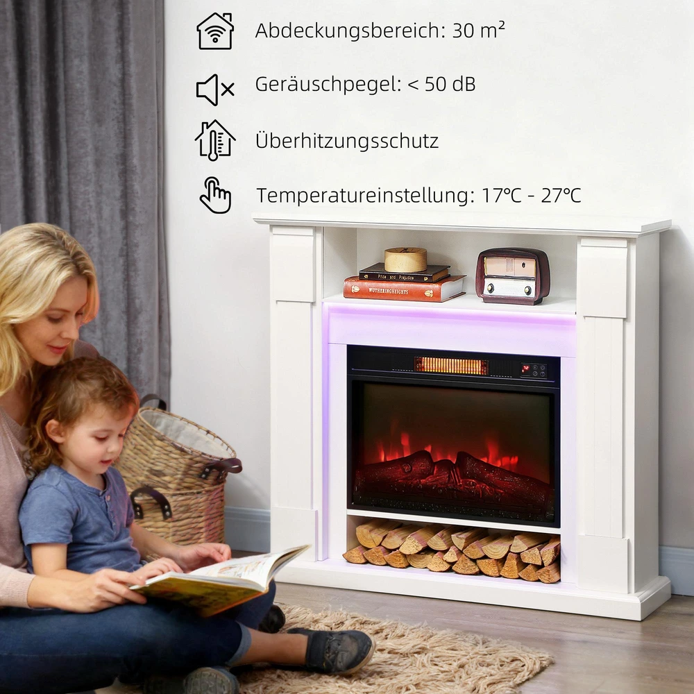 Elektrinis židinys su 3D LED liepsnomis, 1800 W, baltas, 105 × 27 × 97 cm