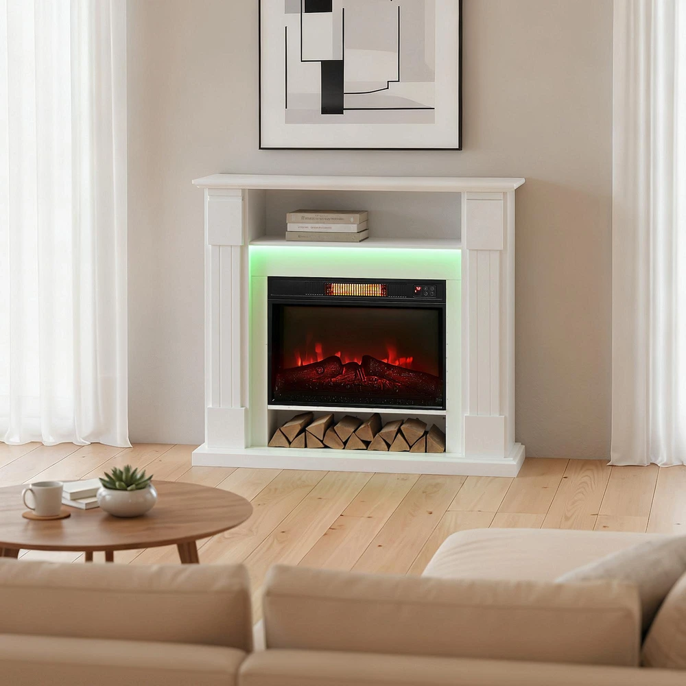 Elektrinis židinys su 3D LED liepsnomis, 1800 W, baltas, 105 × 27 × 97 cm