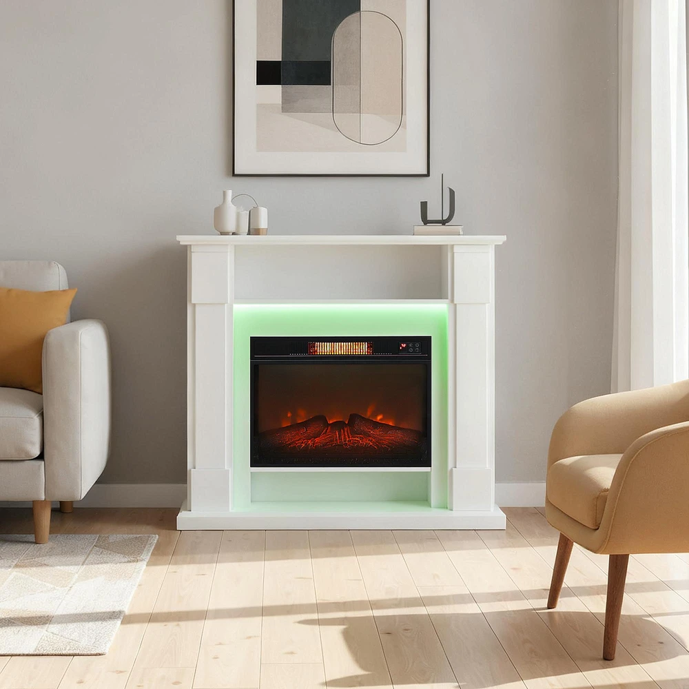 Elektrinis židinys su 3D LED liepsnomis, 1800 W, baltas, 105 × 27 × 97 cm