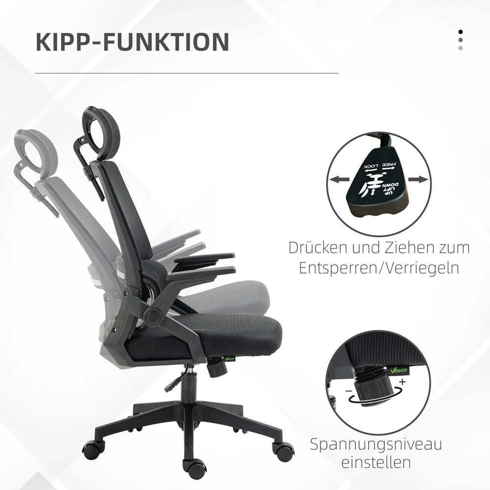 Ergonomiška biuro kėdė Vinsetto, reguliuojama, su galvos atrama, porankiais ir supimosi funkcija, juoda