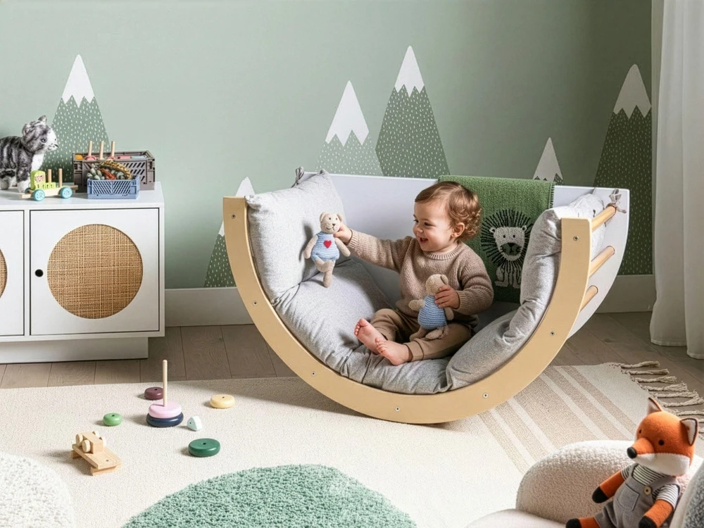 Fotelis Beliani Daugiafunkcė sūpynė NIMBIN, pušies mediena, šviesiai ruda, Montessori