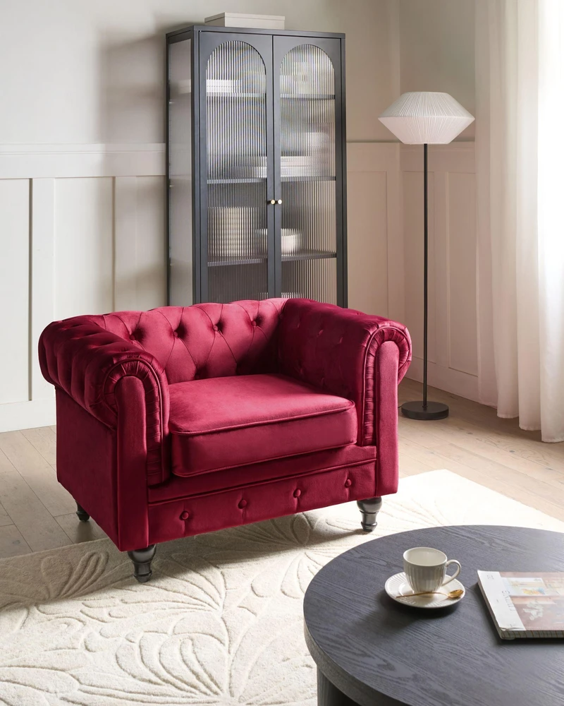 Fotelis Beliani Fotelė CHESTERFIELD aksominė burgundiška