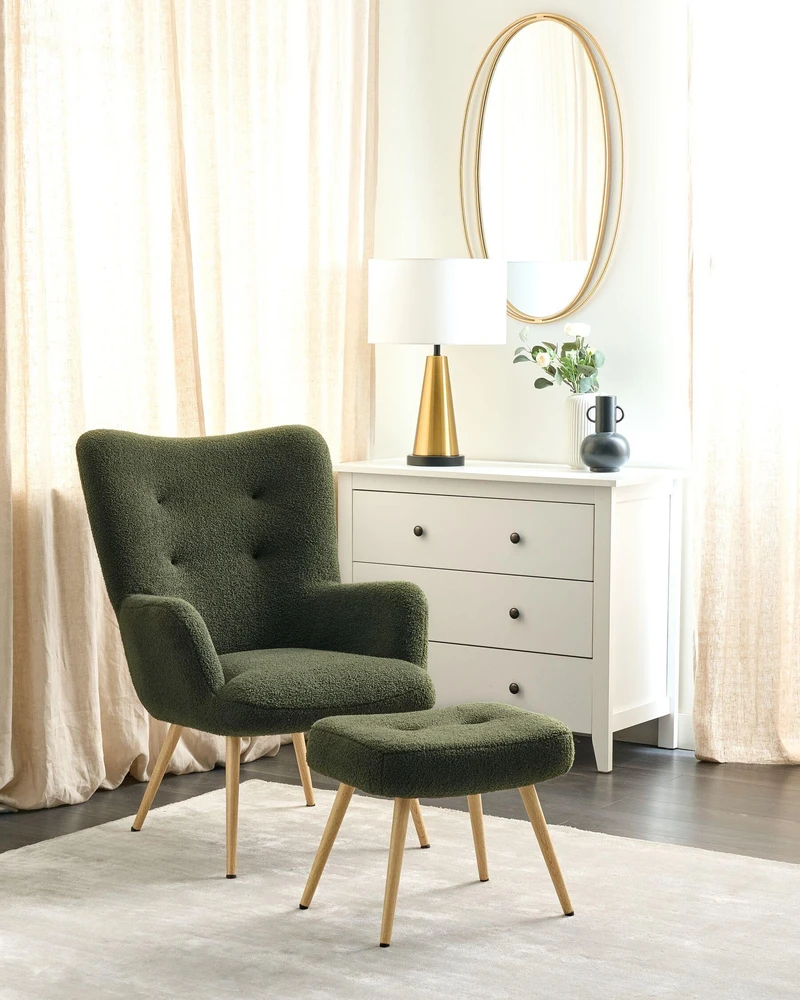Sofa Beliani Fotelonas VEJLE su kojų atrama, Boucle, tamsiai žalios spalvos