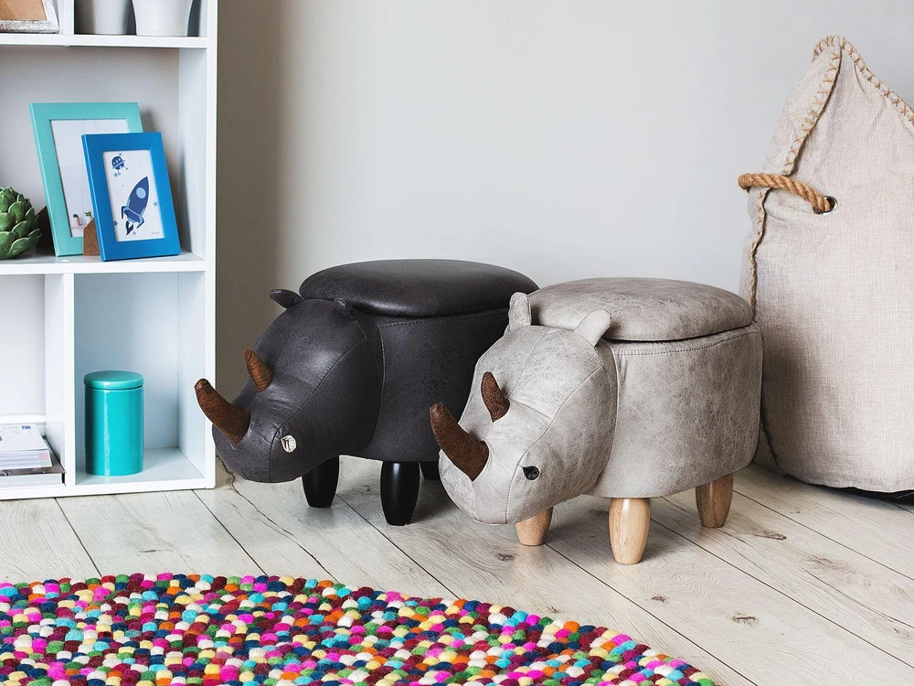 Fotelis Beliani Gyvūno formos pufas su daiktadėže RHINO, eko oda, šviesiai pilkas raganosis