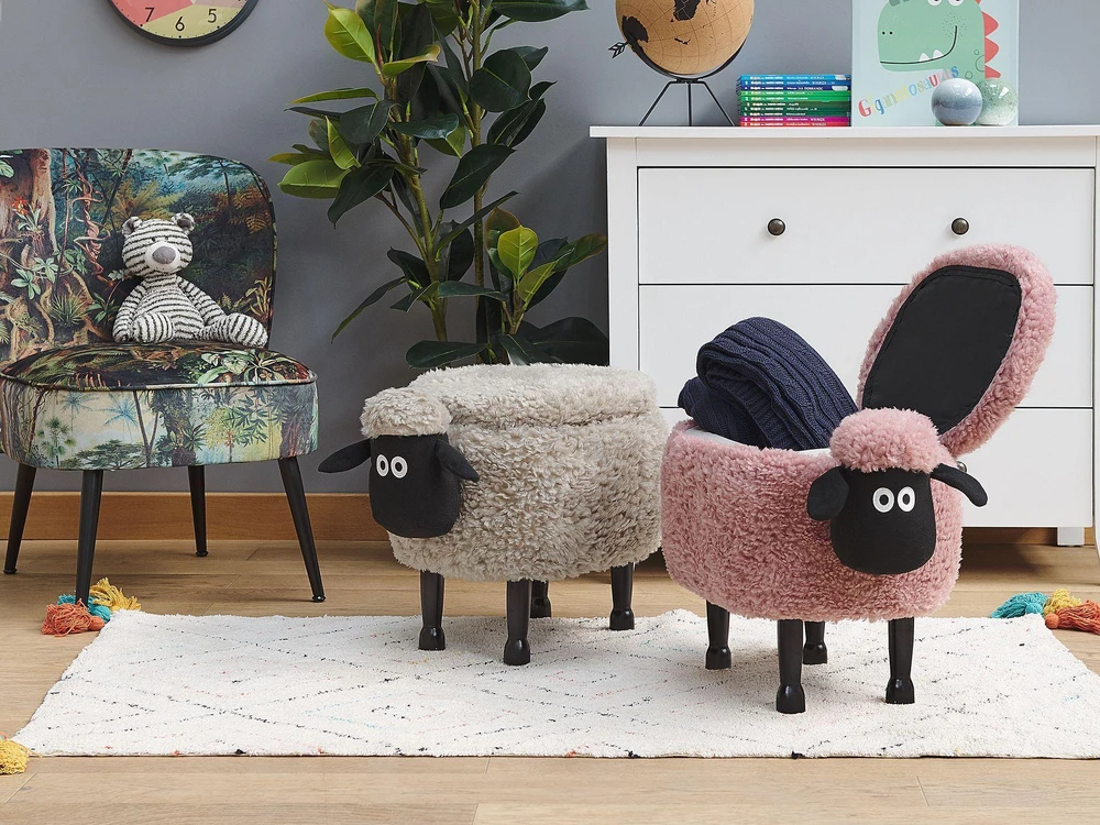 Beliani Gyvūno formos pufas su daiktadėže SHEEP rožinis avinėlis