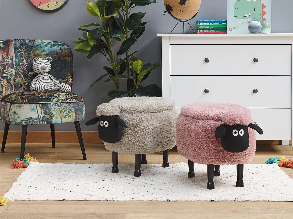 Beliani Gyvūno formos pufas su daiktadėže SHEEP rožinis avinėlis