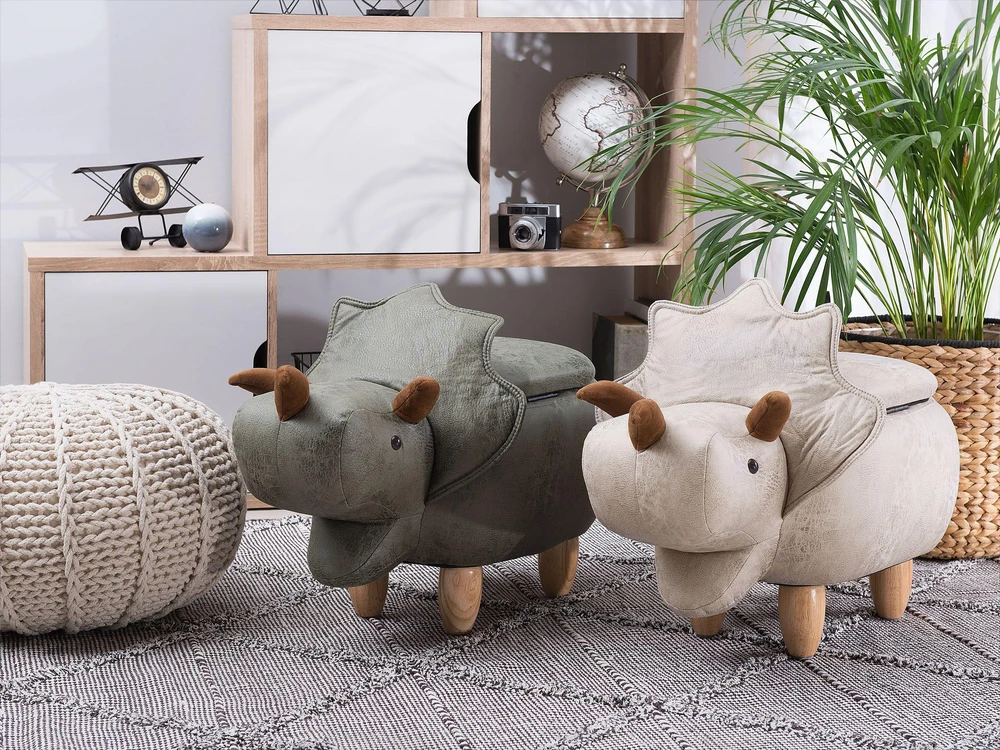 Beliani Gyvūno formos pufas su daiktadėže TRICERATOPS šviesiai pilkas Dinozauras