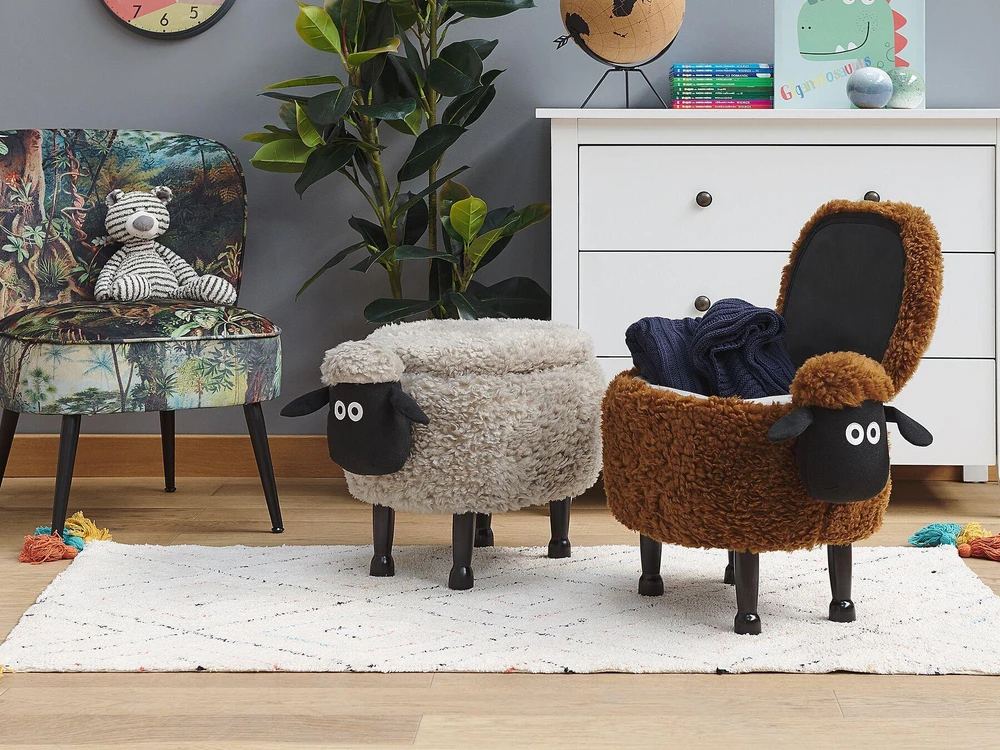 Beliani Gyvūno formos pufas su daiktadėže SHEEP, pilkas ėriukas